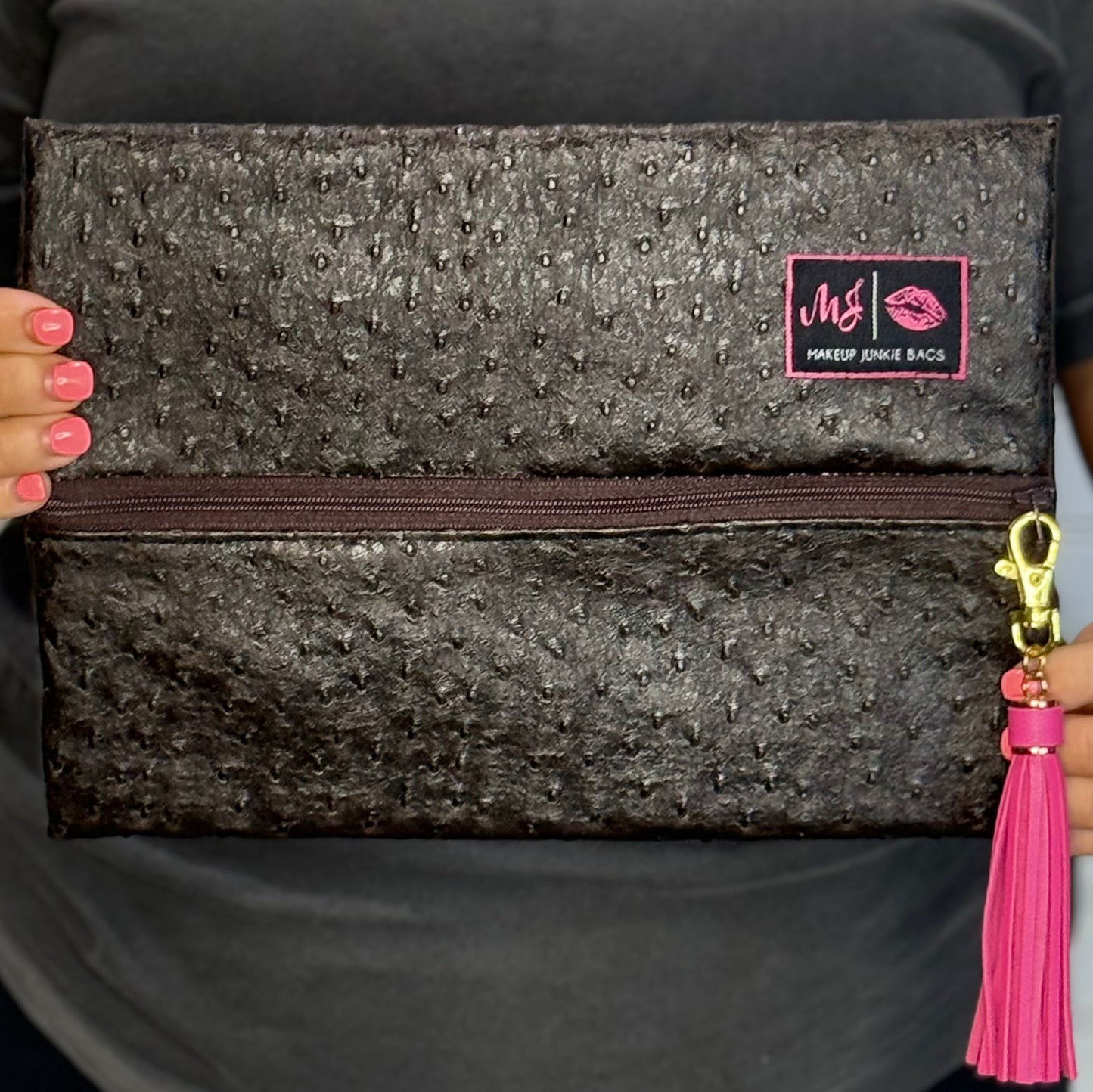 Dark Brown Ostrich ~ Brown Zipper