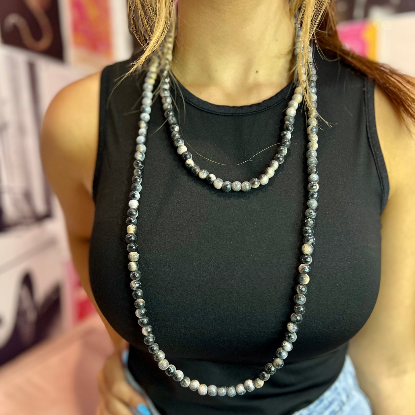 Black & Grey Wooden Bead Long Necklace