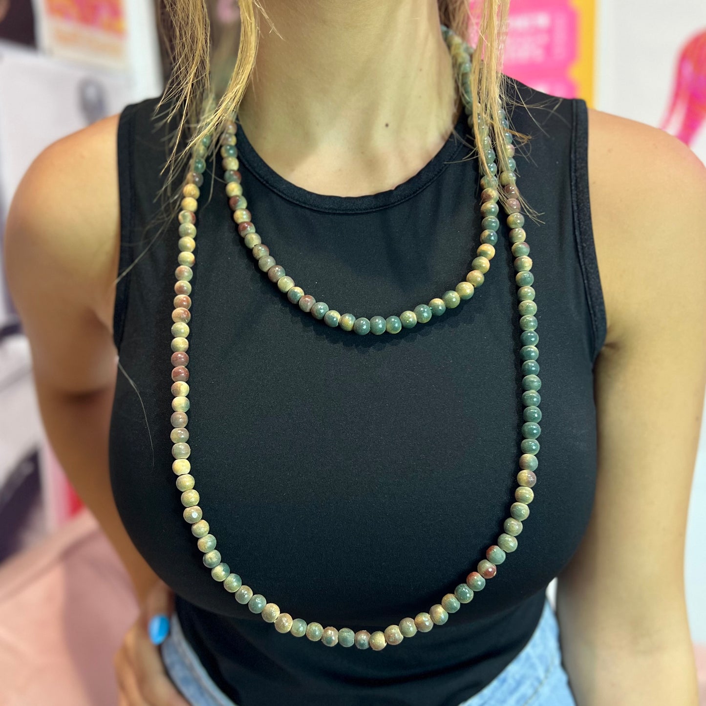 Green Wooden Bead Long Necklace