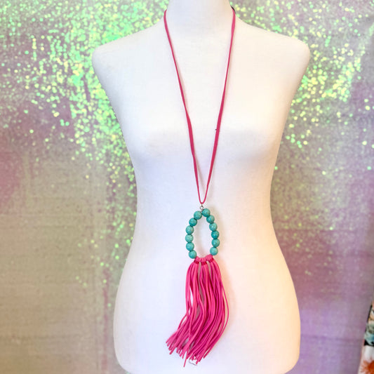Hot Pink & Turquoise Fringe Necklace