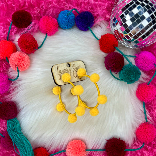 Yellow Pom Hoop Earrings