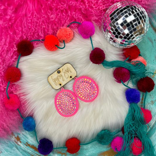 Neon Pink & AB Rhinestone Large Oval Earrings