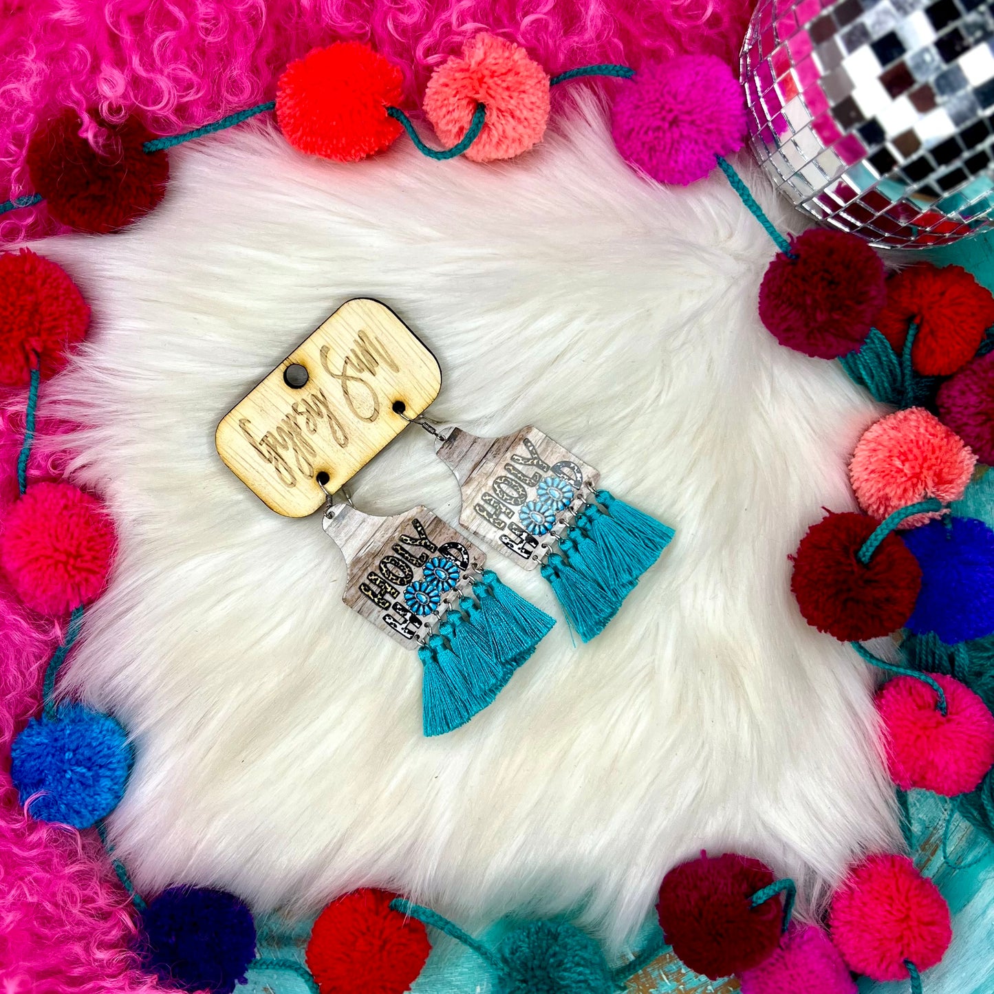 Holy Hood Teal Cow Tag Earrings