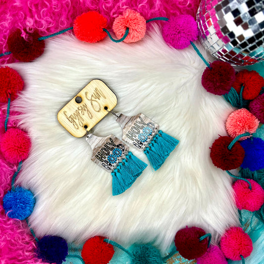 Holy Hood Teal Cow Tag Earrings