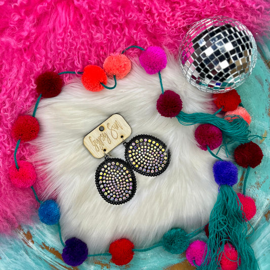 Black & AB Rhinestone Large Oval Earrings