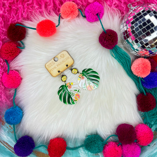 Pink Panache Tropical Monstera Leaf Earrings