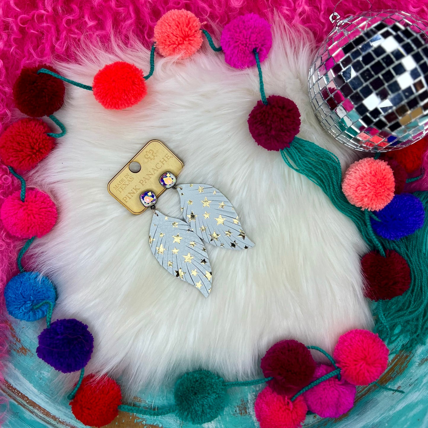 Pink Panache White Star Feather Teardrop Earrings