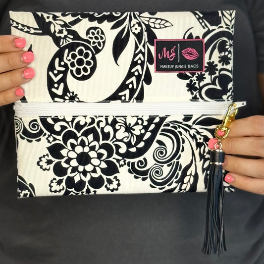 Black & White Floral ~ White Zipper