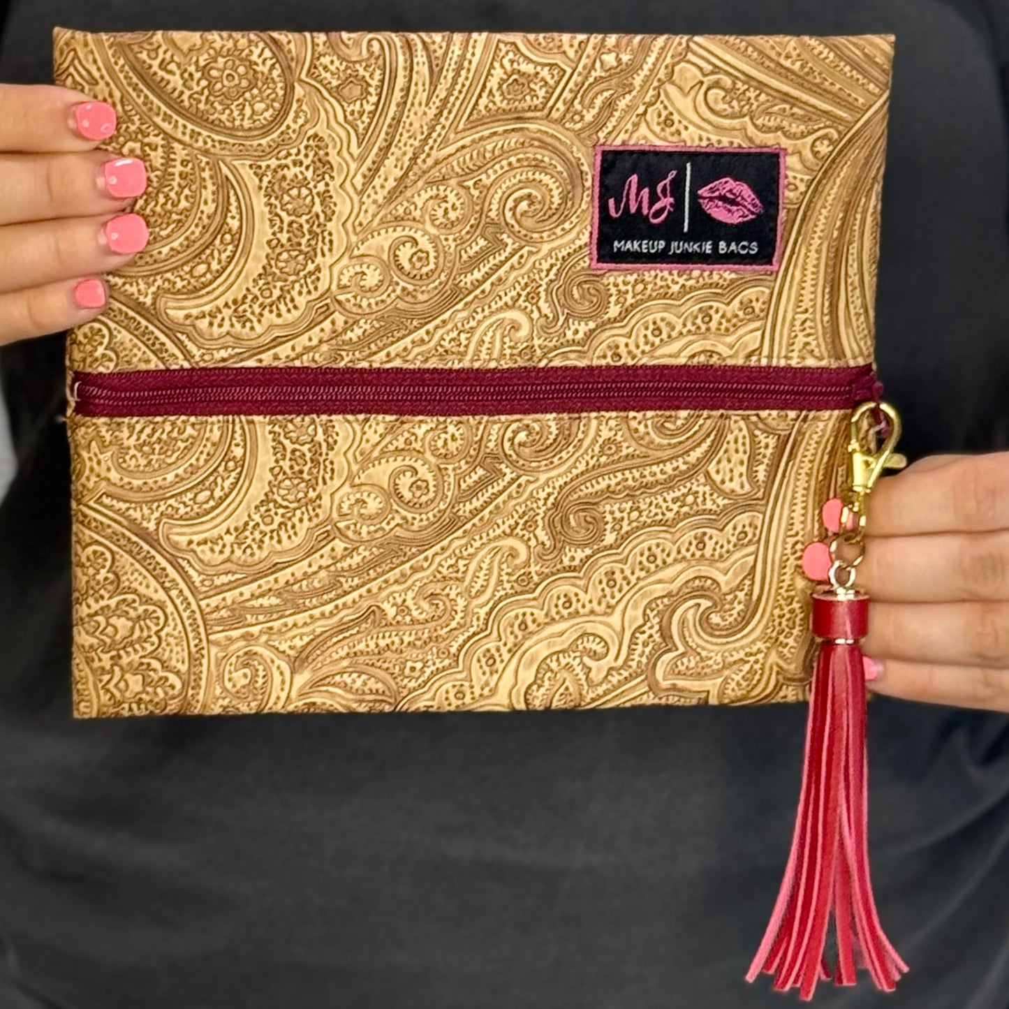 Tan Tooled Paisley ~ Maroon Zipper