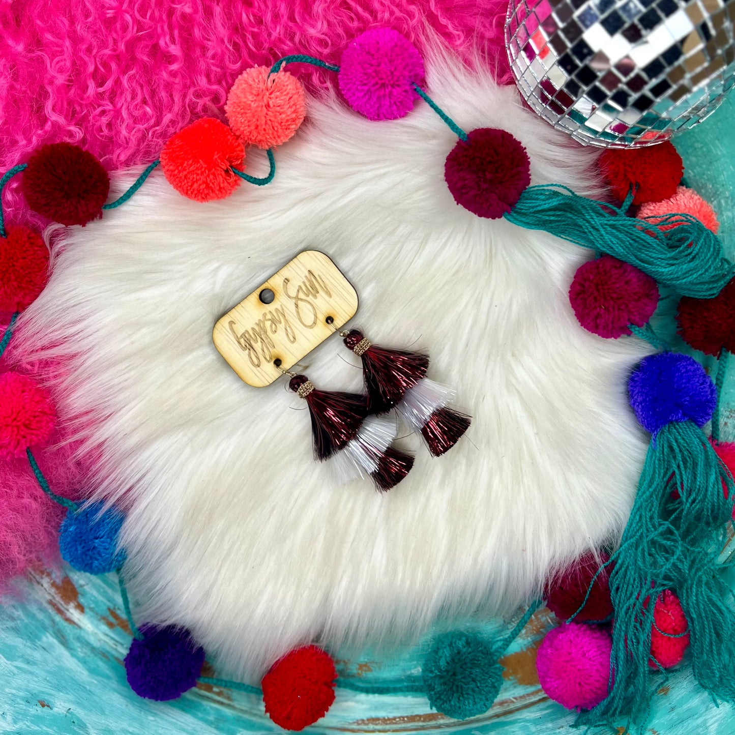 Maroon & White Tassel Earrings