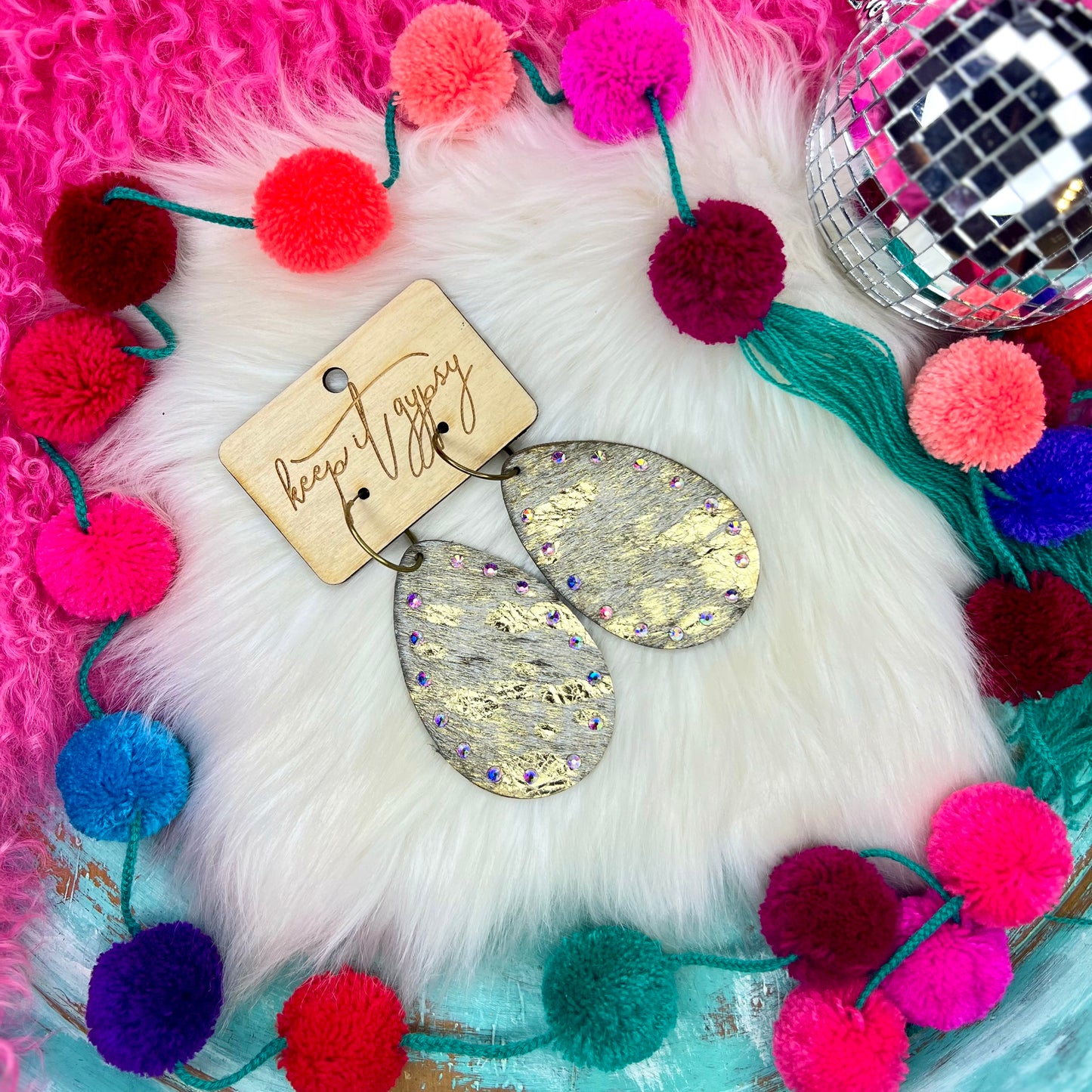 Gold Acid Wash Hide AB Large Teardrop Earrings