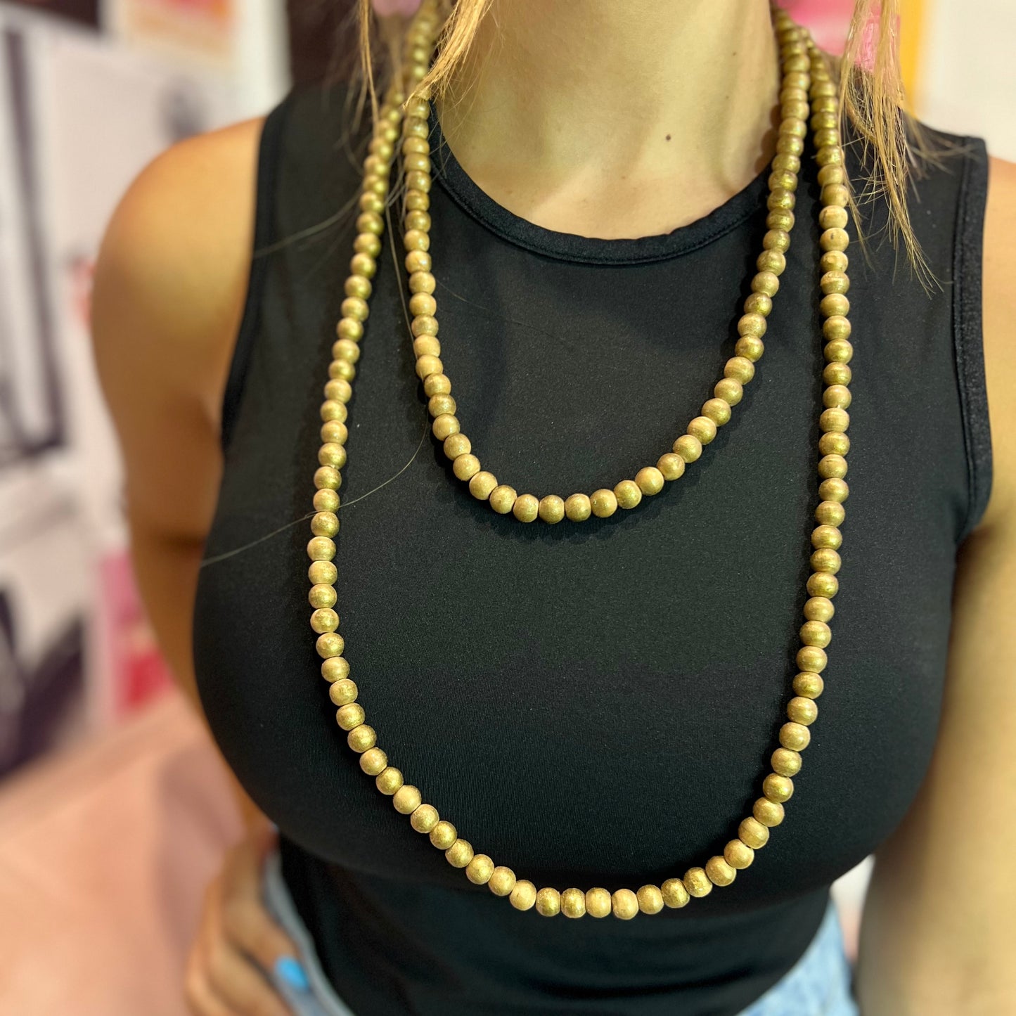 Gold Wooden Bead Long Necklace