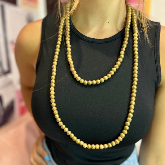 Gold Wooden Bead Long Necklace