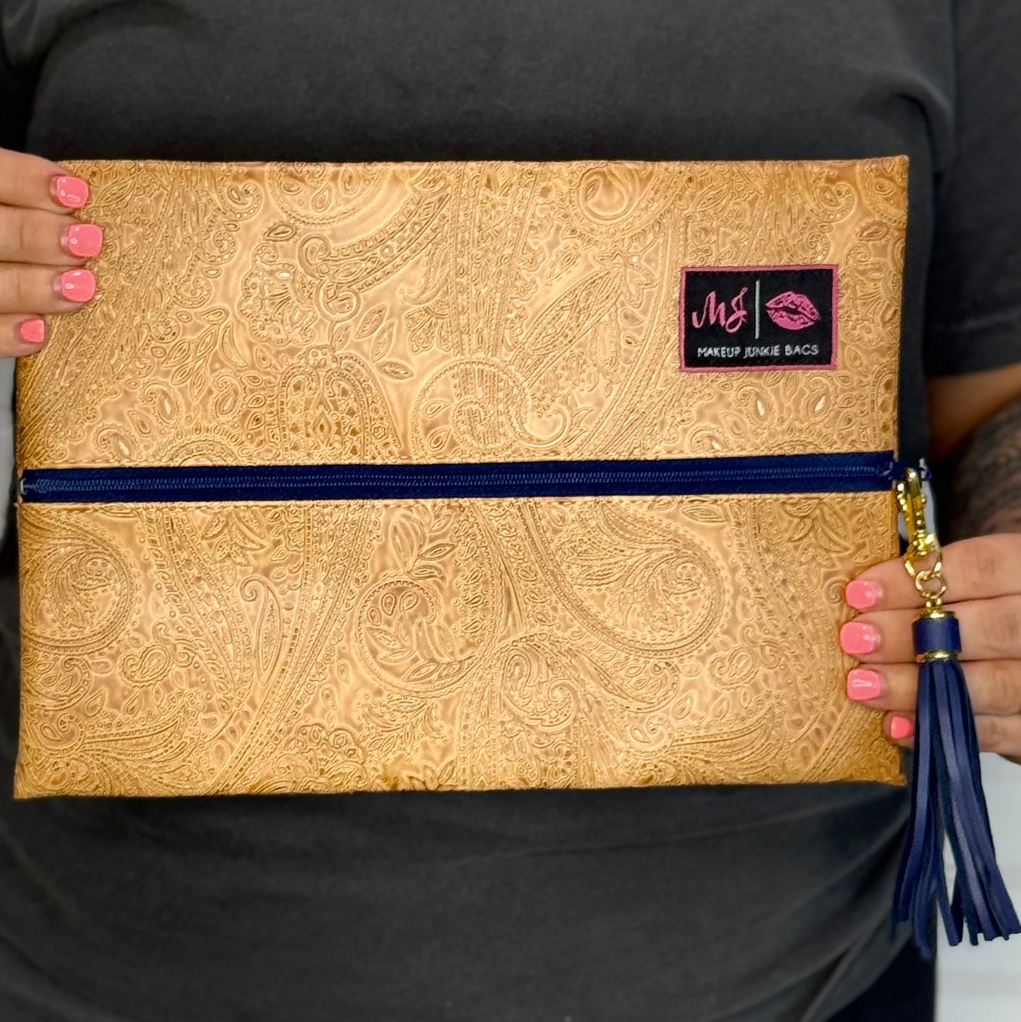 Tan Tooled Paisley ~ Navy Zipper