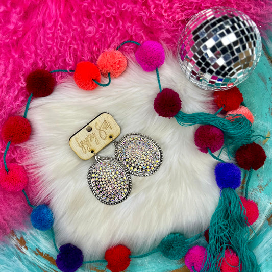 Silver & AB Rhinestone Large Oval Earrings