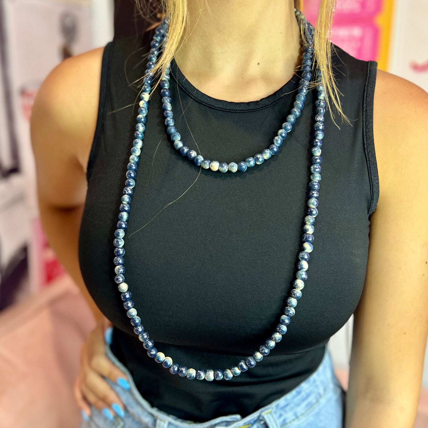 Navy Wooden Bead Long Necklace