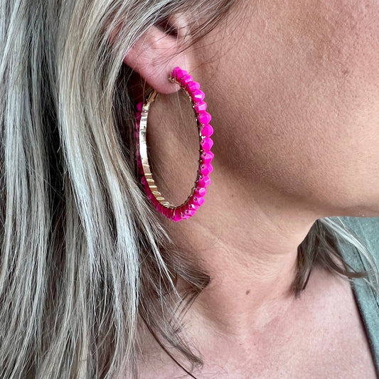 Pink Panache Hot Pink Bead Hoop Earrings