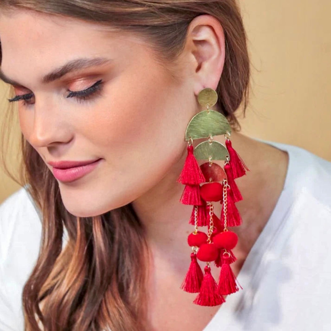 Red Tassel Chandelier Earrings